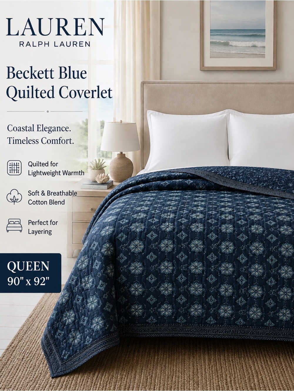 Lauren Ralph Lauren Beckett Blue Quilted Coverlet Quilt Queen Coastal 90x92”